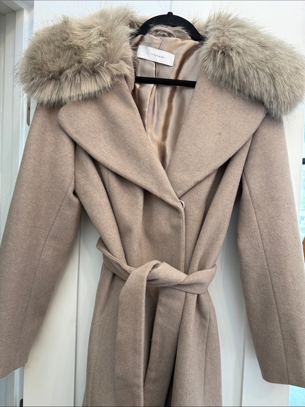 Tahari Taupe Wrap Trench Coat with Faux Fur Collar